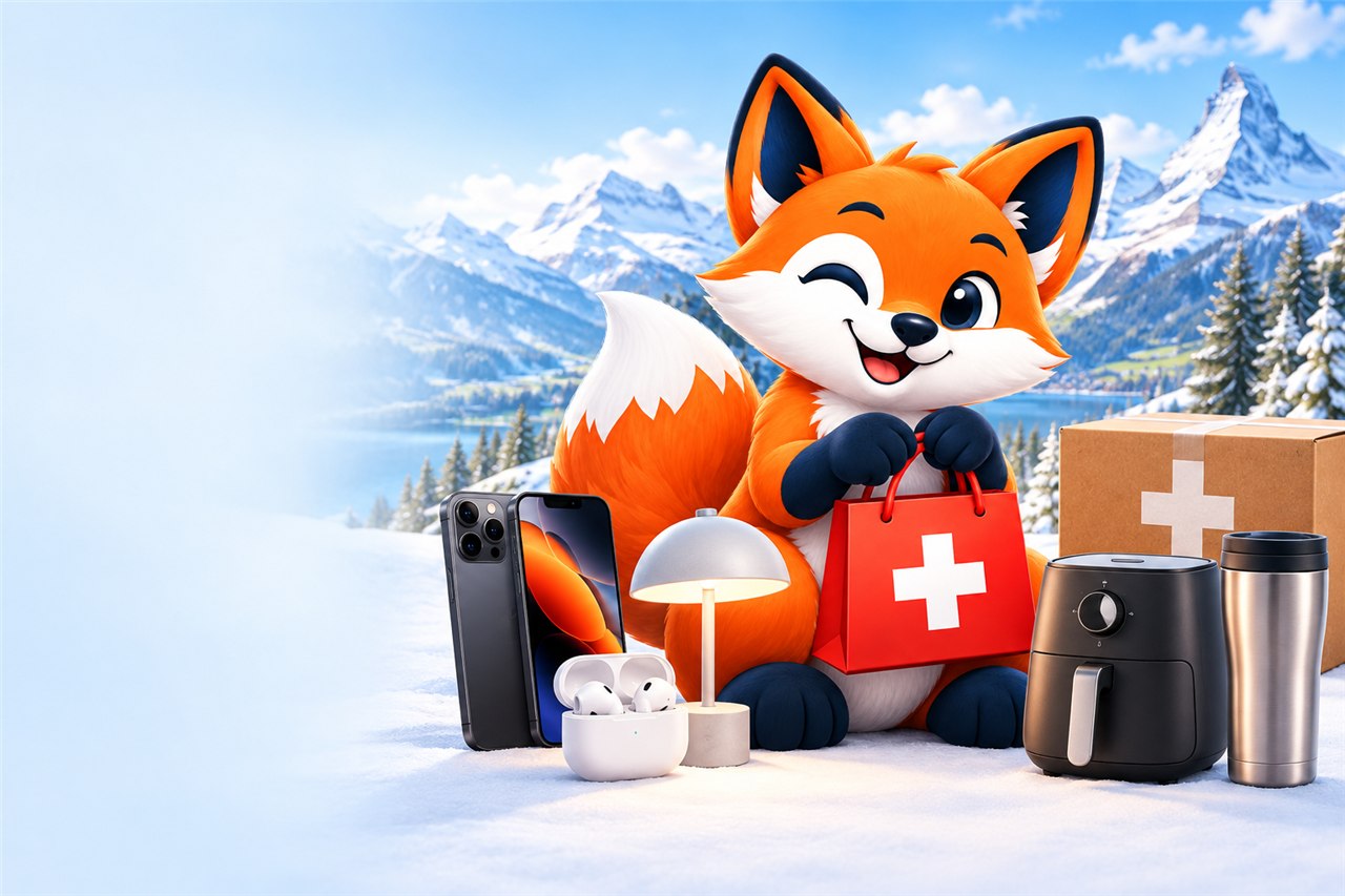 Klickfuchs mit Einkaufstasche und Alltagsprodukten vor einer Schweizer Alpenkulisse